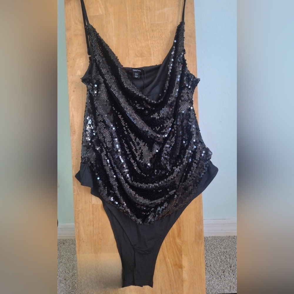 Black Sequin Strappy Bodysuit Size 18 NWT | Party Clubwear Sexy Cowl Neck